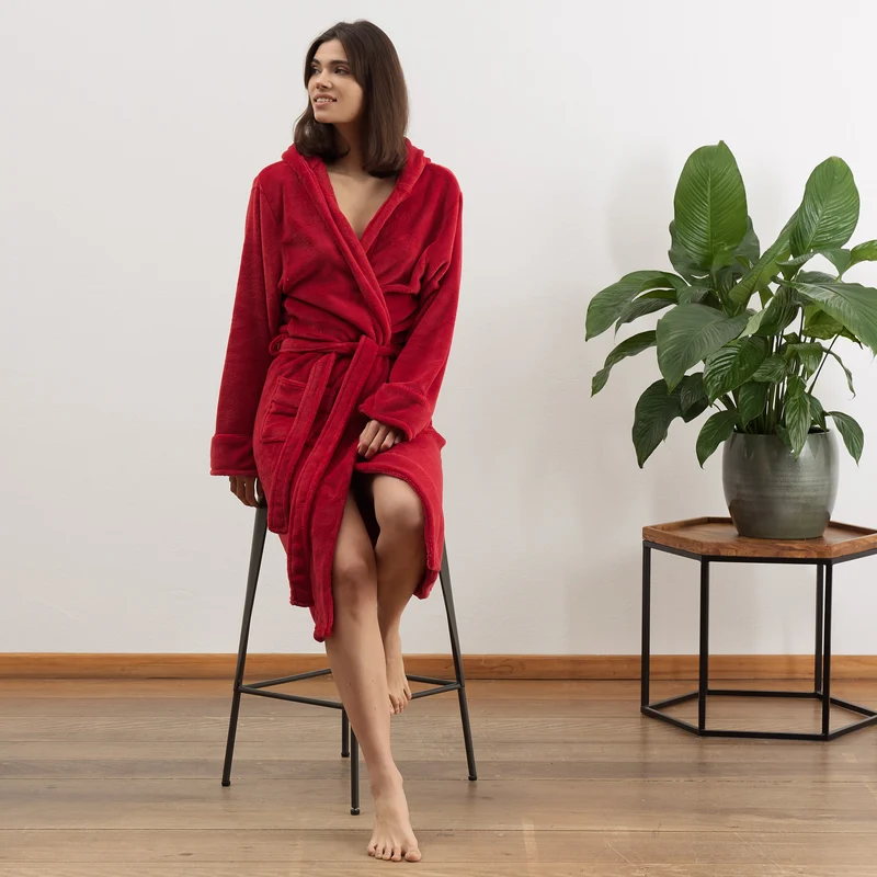 LUMALAND Luxury Mikrofaser Bademantel mit Kapuze für Damen und Herren - Rot - Größe XXL