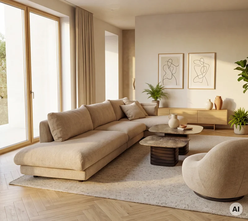 Bloom 3-seater sofa with chaise longue left, open-end and teak legs