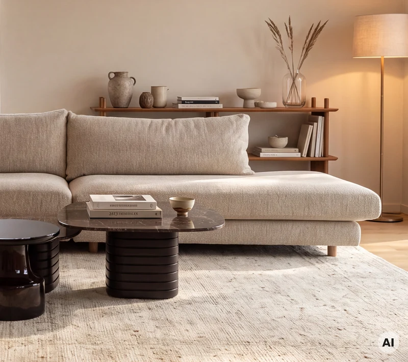 Bloom 2-seater sofa with chaise longue right, open-end and teak legs