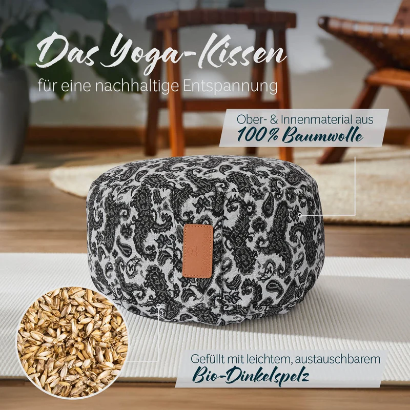 #DoYourYoga Yoga-Kissen Vishnu - gefüllt mit Bio-Dinkelspelz - Rund 30 x 30 x 15 cm - Style 3 (Weiß-Schwarz)