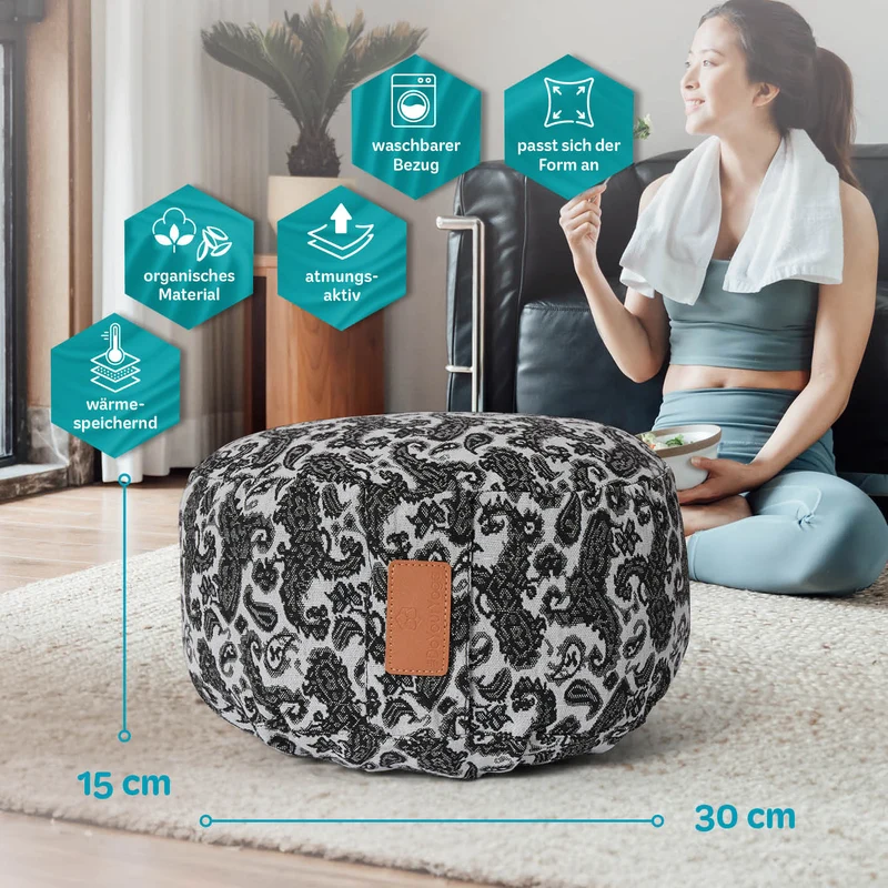 #DoYourYoga Yoga-Kissen Vishnu - gefüllt mit Bio-Dinkelspelz - Rund 30 x 30 x 15 cm - Style 3 (Weiß-Schwarz)