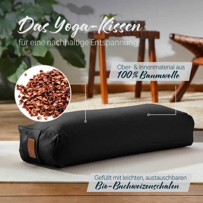 #DoYourYoga Yoga-Bolster Paravati - gefüllt mit Bio-Buchweizenschalen - 67 x 22 x 13 cm - Schwarz
