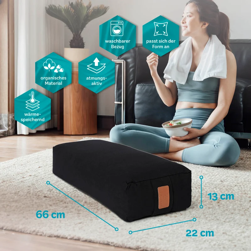 #DoYourYoga Yoga-Bolster Paravati - gefüllt mit Bio-Buchweizenschalen - 67 x 22 x 13 cm - Schwarz