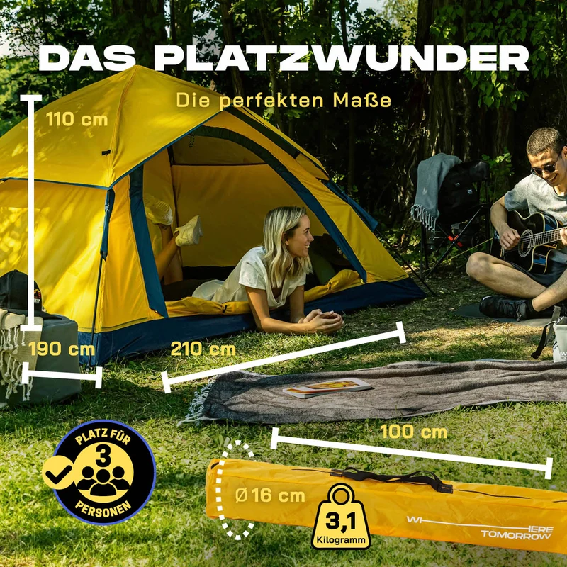 Where Tomorrow - Pop up Wurfzelt für 3 Personen - 10 Sek. Quick-up-Aufbau - Gelb