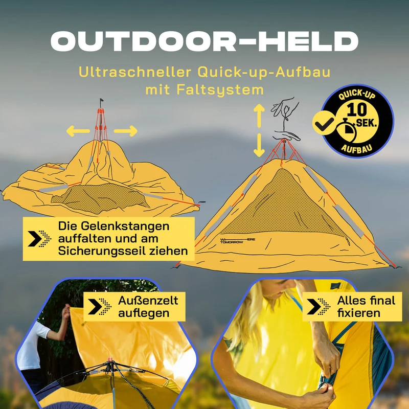 Where Tomorrow - Pop up Wurfzelt für 3 Personen - 10 Sek. Quick-up-Aufbau - Gelb