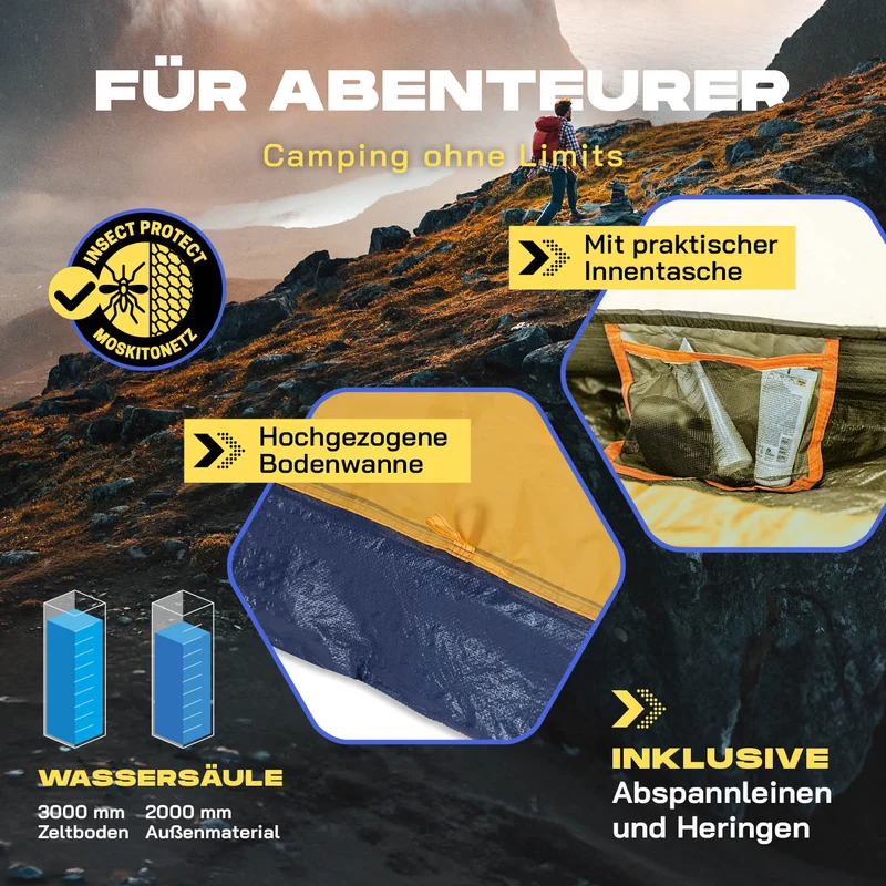 Where Tomorrow - Pop up Wurfzelt für 3 Personen - 10 Sek. Quick-up-Aufbau - Gelb