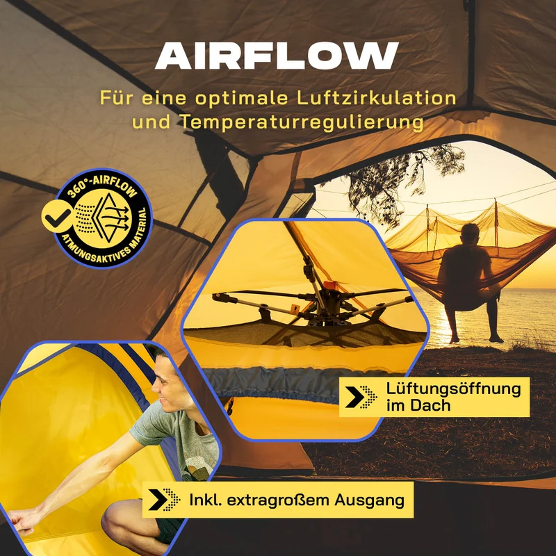 Where Tomorrow - Pop up Wurfzelt für 3 Personen - 10 Sek. Quick-up-Aufbau - Gelb