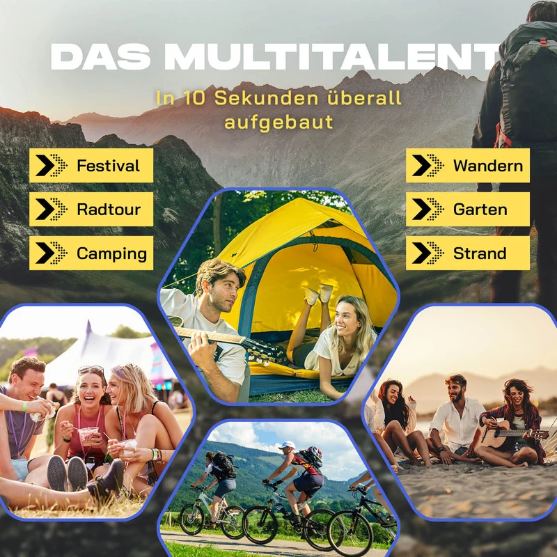 Where Tomorrow - Pop up Wurfzelt für 3 Personen - 10 Sek. Quick-up-Aufbau - Gelb