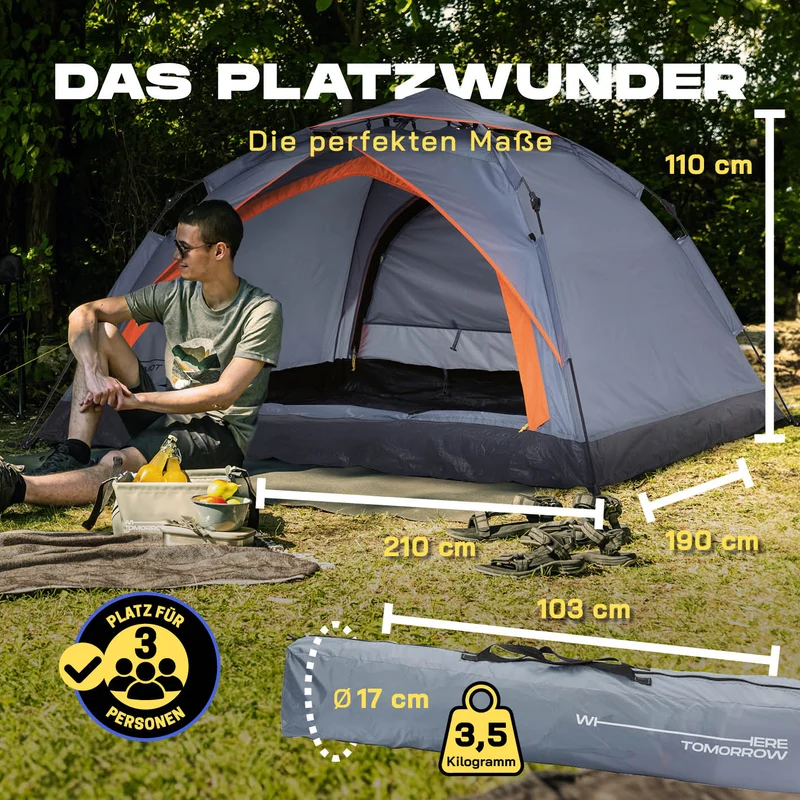 Where Tomorrow Pop Up Zelt - 3-Personen-Zelt mit Doppeltür- Wurfzelt Trekkingzelt - 210x190x110 cm - Grau