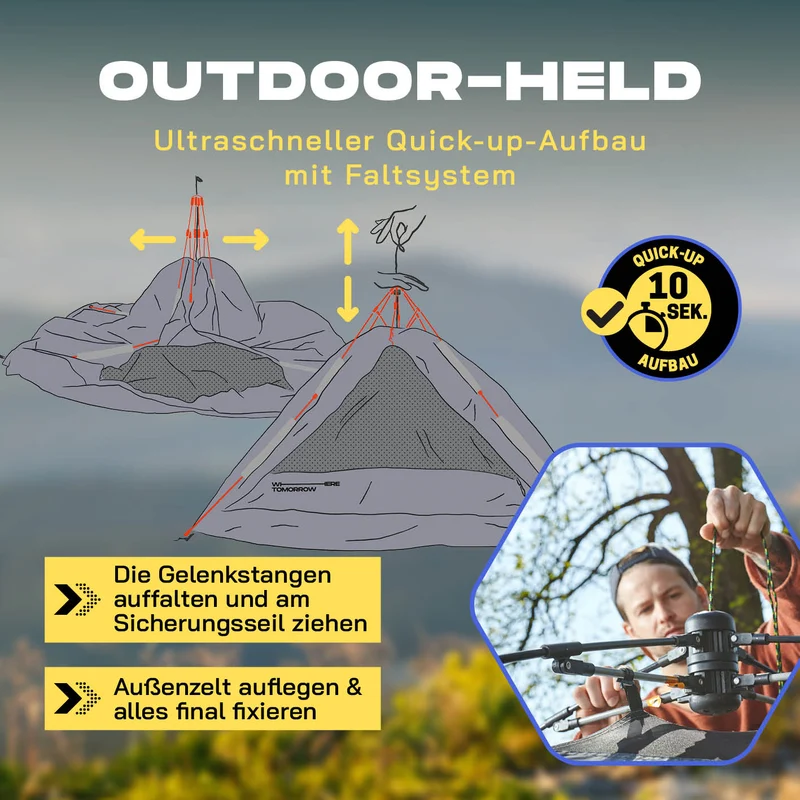 Where Tomorrow Pop Up Zelt - 3-Personen-Zelt mit Doppeltür- Wurfzelt Trekkingzelt - 210x190x110 cm - Grau
