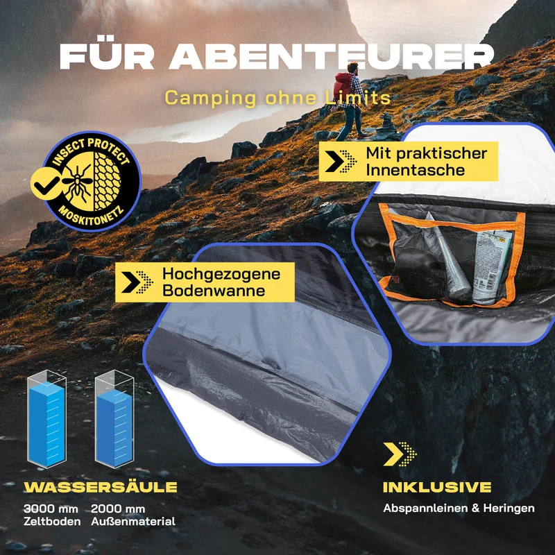 Where Tomorrow Pop Up Zelt - 3-Personen-Zelt mit Doppeltür- Wurfzelt Trekkingzelt - 210x190x110 cm - Grau
