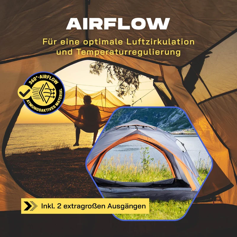 Where Tomorrow Pop Up Zelt - 3-Personen-Zelt mit Doppeltür- Wurfzelt Trekkingzelt - 210x190x110 cm - Grau