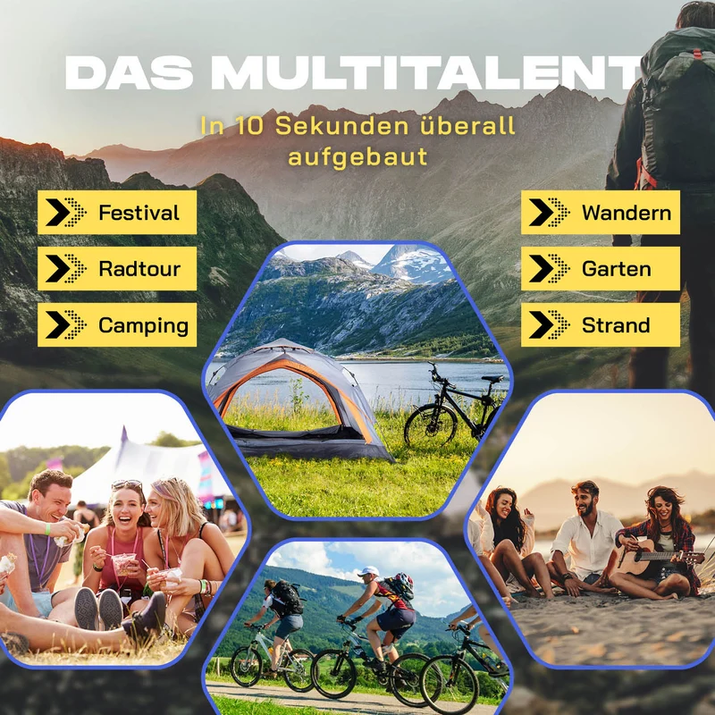 Where Tomorrow Pop Up Zelt - 3-Personen-Zelt mit Doppeltür- Wurfzelt Trekkingzelt - 210x190x110 cm - Grau