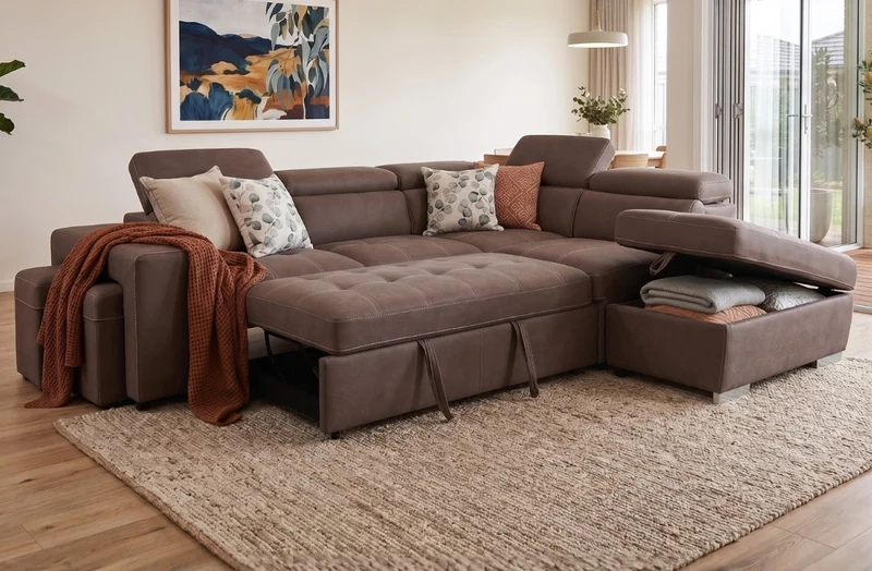 Corner with storage chaise sofa bed & 2 ottomans