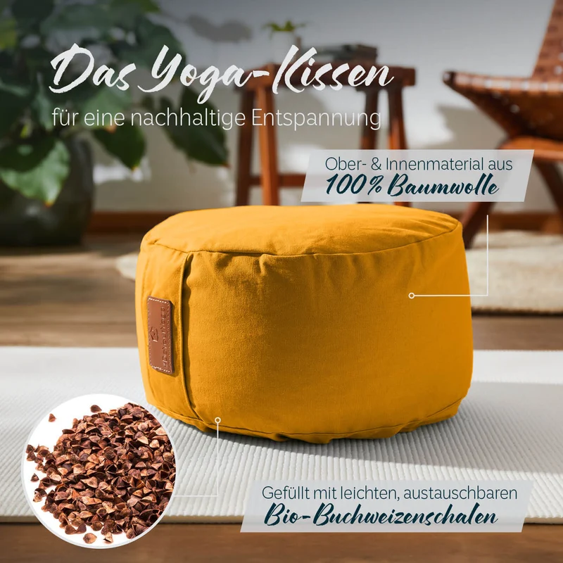 #DoYourYoga Yoga-Kissen Vishnu - gefüllt mit Bio-Buchweizenschalen - Rund 30 x 30 x 15 cm - Currygelb