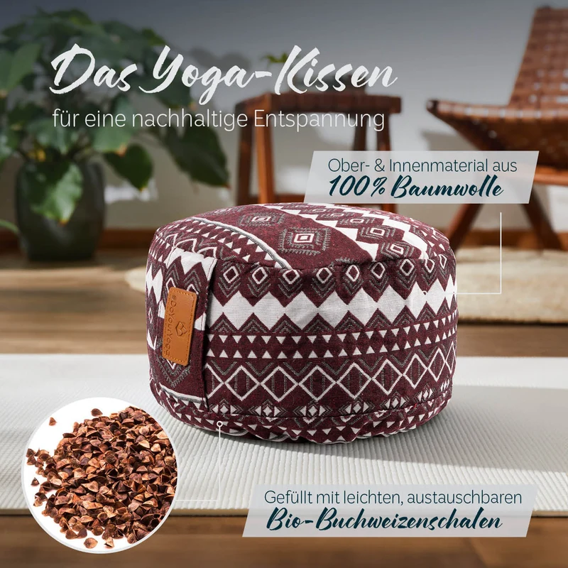 #DoYourYoga Yoga-Kissen Vishnu - gefüllt mit Bio-Buchweizenschalen - Rund 30 x 30 x 15 cm - Style 2 (Rot-Weiß)