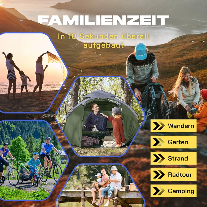 Where Tomorrow Pop up Familienzelt für 3 Personen - 10 Sek. Quick-up-Aufbau - ca. 220 x 220 x 130 cm - Grün