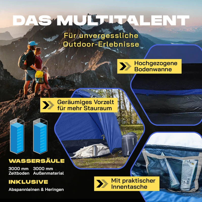 Where Tomorrow Pop up Familienzelt für 3 Personen - 10 Sek. Quick-up-Aufbau - ca. 220 x 220 x 130 cm - Blau