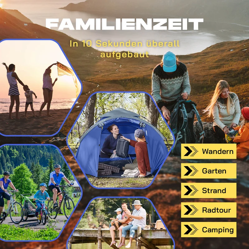 Where Tomorrow Pop up Familienzelt für 3 Personen - 10 Sek. Quick-up-Aufbau - ca. 220 x 220 x 130 cm - Blau