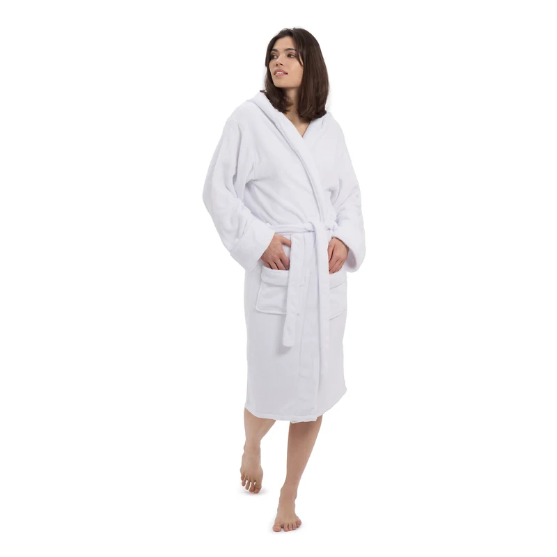 LUMALAND Luxury Mikrofaser Bademantel mit Kapuze für Damen und Herren - Weiß - Größe S