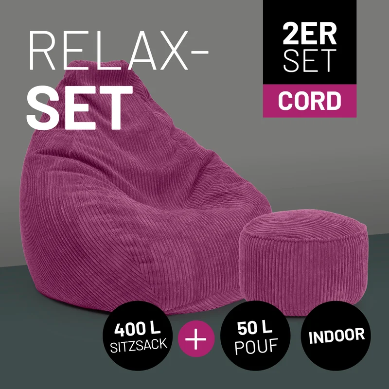 Relax Set Cord – Sitzsack GIANT + Pouf - Weinrot