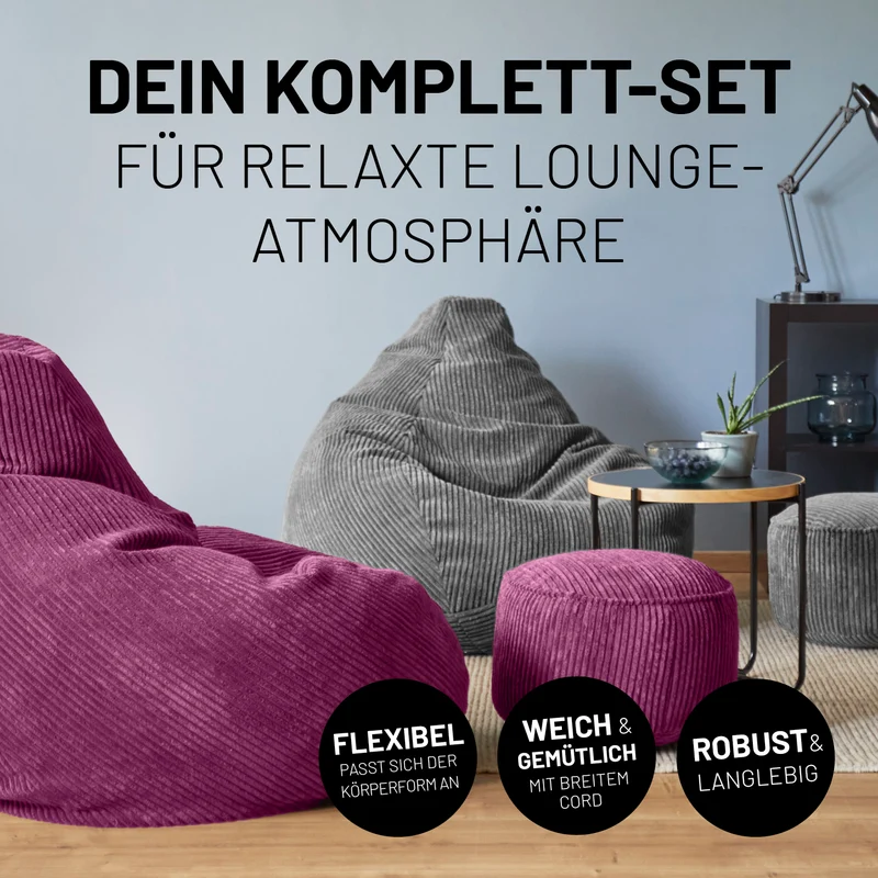Relax Set Cord – Sitzsack GIANT + Pouf - Weinrot