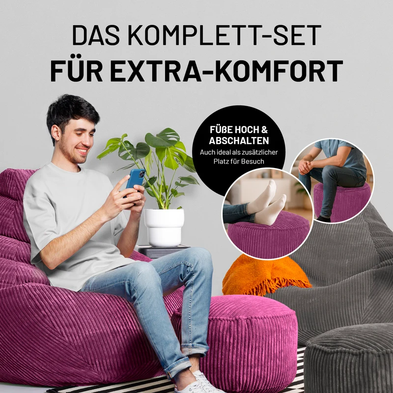 Relax Set Cord – Sitzsack GIANT + Pouf - Weinrot