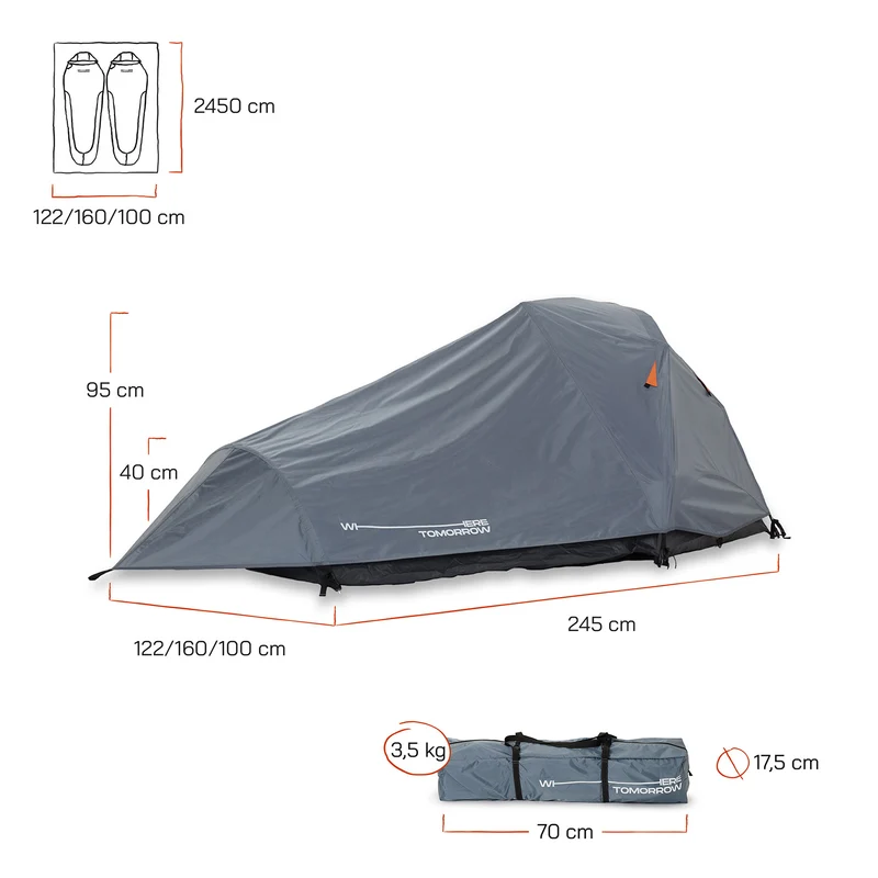 Where Tomorrow 2-Personen-Kompakt-Zelt - Pop Up Wurfzelt Trekkingzelt - 245x160x95 cm - Grau