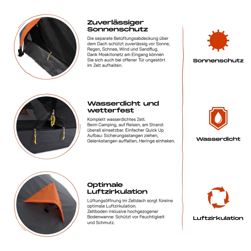 Where Tomorrow 2-Personen-Kompakt-Zelt - Pop Up Wurfzelt Trekkingzelt - 245x160x95 cm - Grau