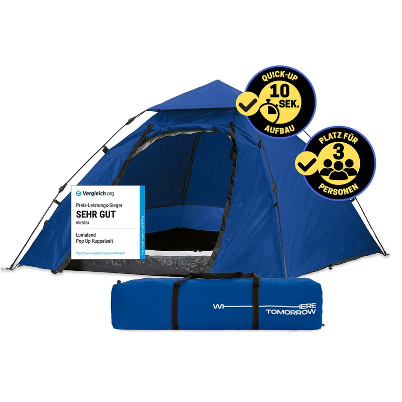 Where Tomorrow - Pop up Kuppelzelt für 3 Personen - 10 Sek. Quick-up-Aufbau - Blau