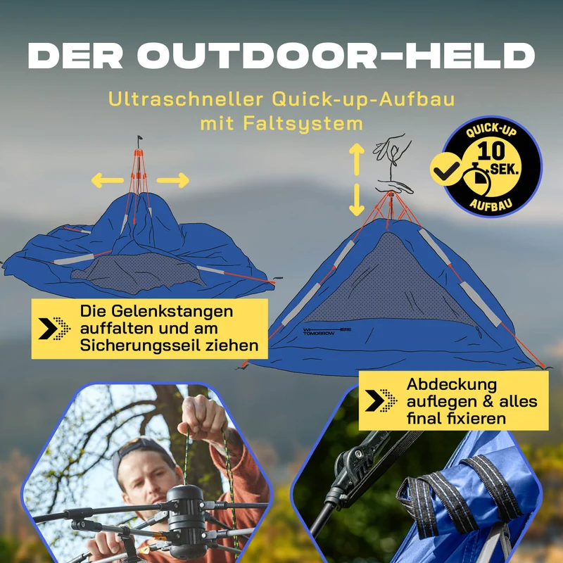 Where Tomorrow - Pop up Kuppelzelt für 3 Personen - 10 Sek. Quick-up-Aufbau - Blau