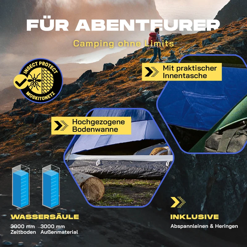 Where Tomorrow - Pop up Kuppelzelt für 3 Personen - 10 Sek. Quick-up-Aufbau - Blau