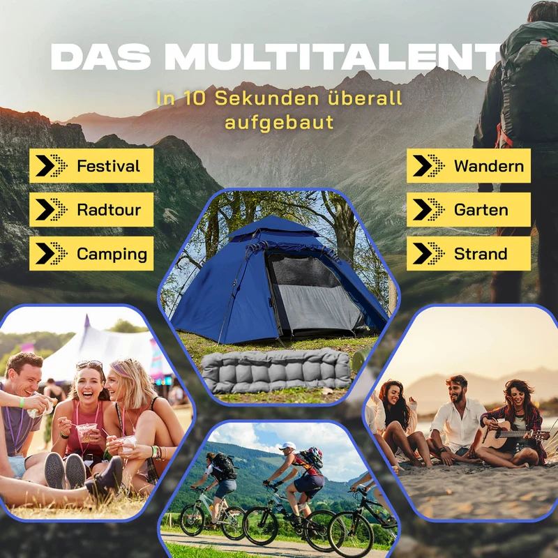 Where Tomorrow - Pop up Kuppelzelt für 3 Personen - 10 Sek. Quick-up-Aufbau - Blau