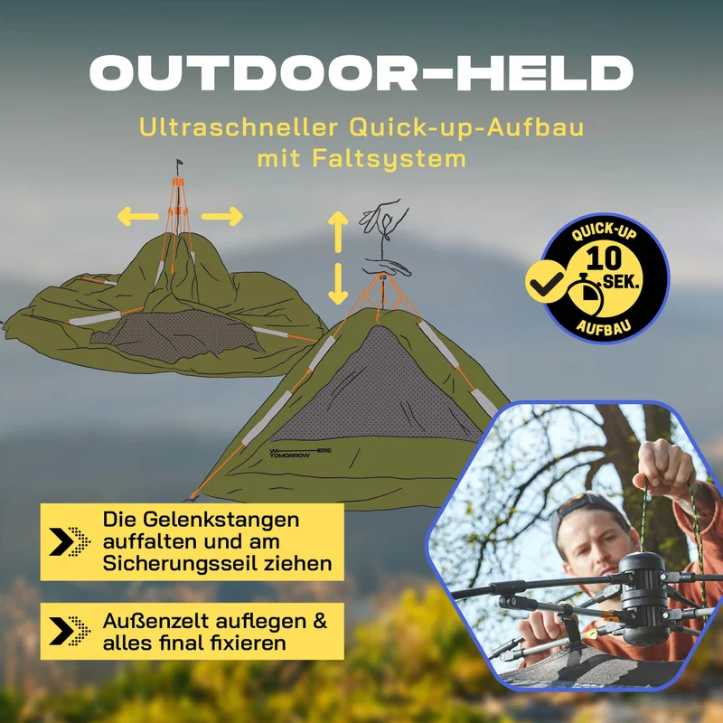 Where Tomorrow Pop Up Zelt - 3-Personen-Zelt mit Doppeltür- Wurfzelt Trekkingzelt - 210x190x110 cm - Grün