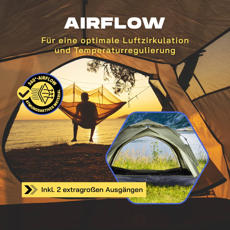 Where Tomorrow Pop Up Zelt - 3-Personen-Zelt mit Doppeltür- Wurfzelt Trekkingzelt - 210x190x110 cm - Grün