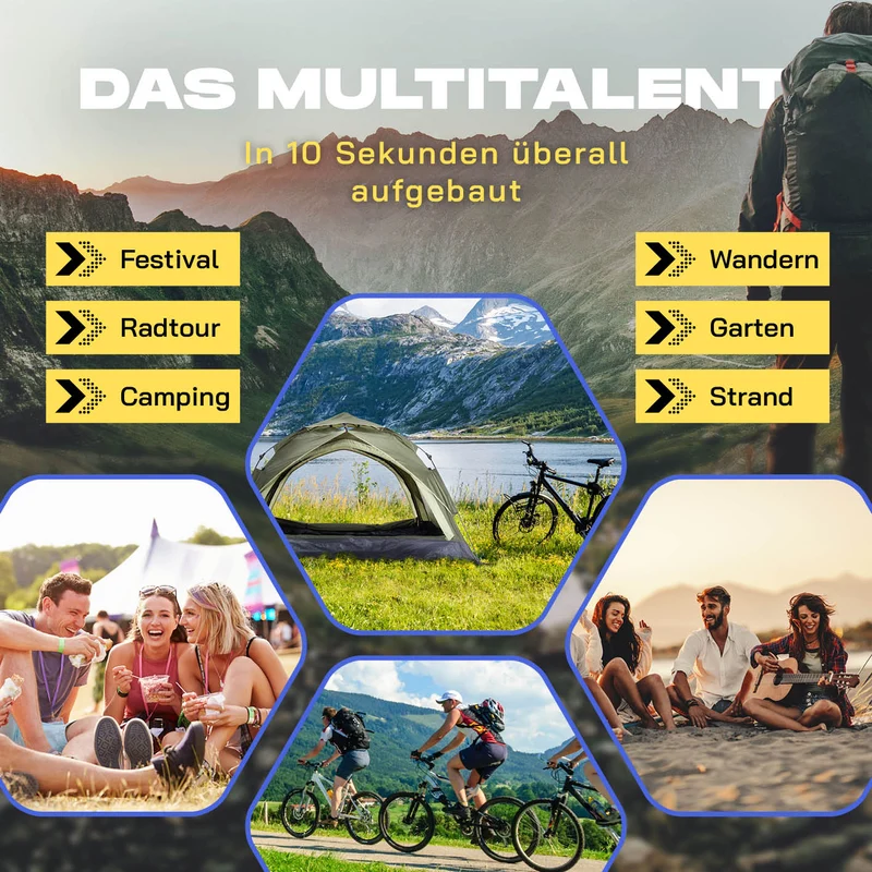 Where Tomorrow Pop Up Zelt - 3-Personen-Zelt mit Doppeltür- Wurfzelt Trekkingzelt - 210x190x110 cm - Grün