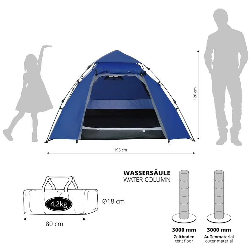 LUMALAND Pop Up Familienzelt Wurfzelt 3 Personen Zelt - 215 x 195 x 120 cm - Blau