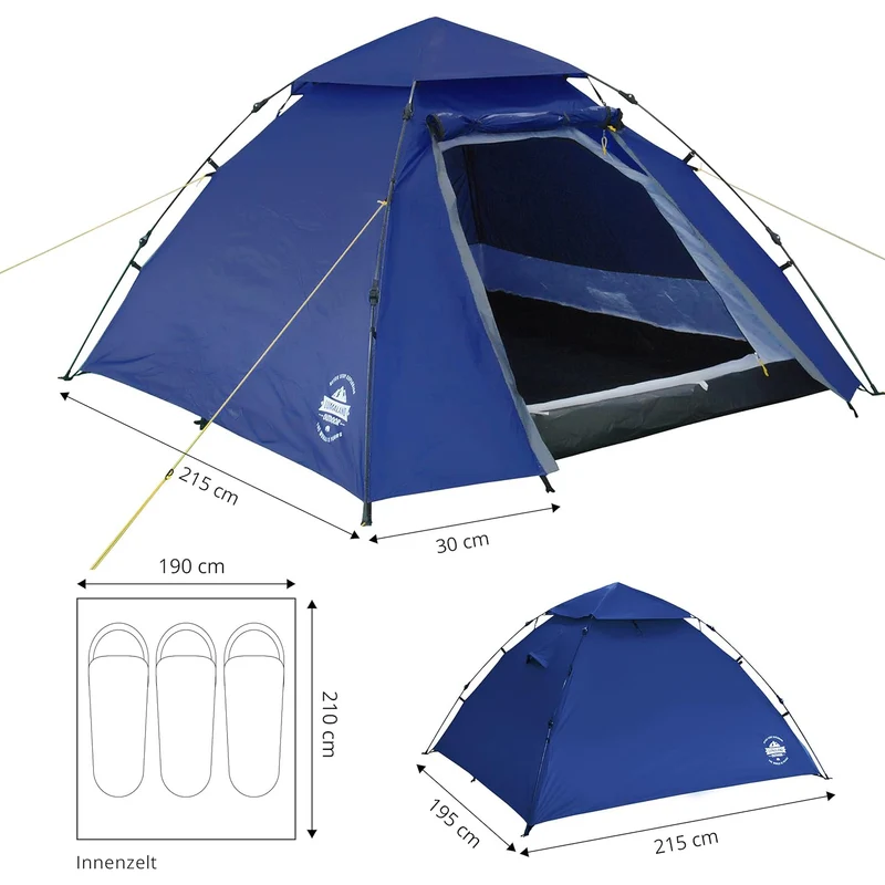 LUMALAND Pop Up Familienzelt Wurfzelt 3 Personen Zelt - 215 x 195 x 120 cm - Blau