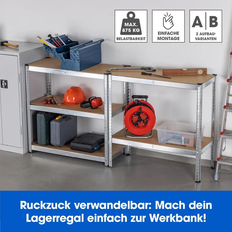 EASYmaxx Schwerlastregal & Werkbank mit GS - Bis zu 175 kg Tragkraft je Regalboden - 180 x 90 x 40 cm