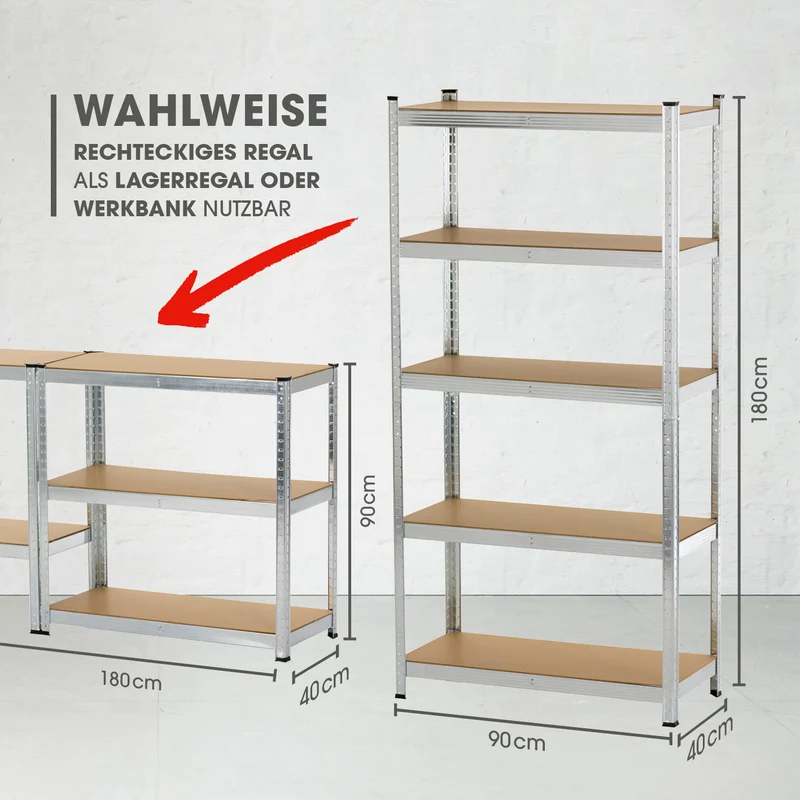 EASYmaxx 2 in 1 Schwerlastregal & Werkbank, 180 x 90 x 40 cm - 875 kg Traglast, 175 kg pro Ebene