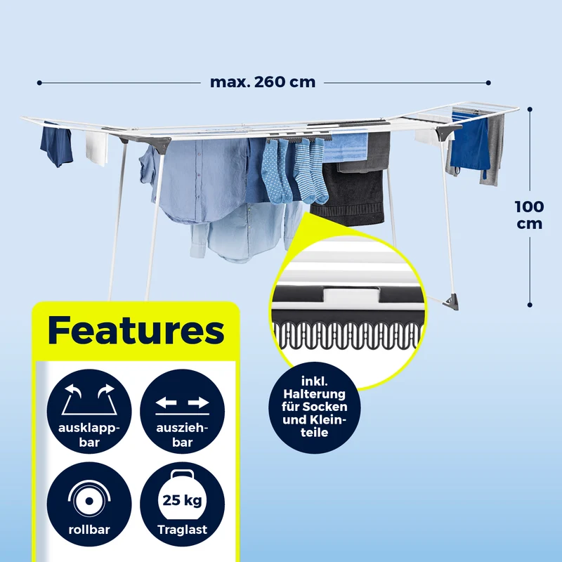 EASYmaxx Falt-Wäscheständer 2500, 25m Trockenlänge, roll-/ausziehbar (max. 2,6m)