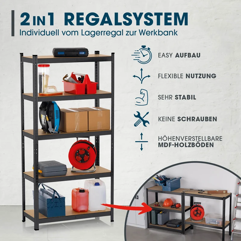 EASYmaxx 2 in 1 Schwerlastregal & Werkbank - 180 x 90 x 40 cm - 875 kg Traglast, 175 kg pro Ebene