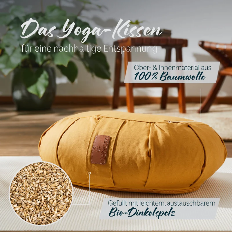 #DoYourYoga Yoga-Kissen Ganesh - gefüllt mit Bio-Dinkelspelz - Halbmond 45 x 30 x 14 cm - Indischgelb