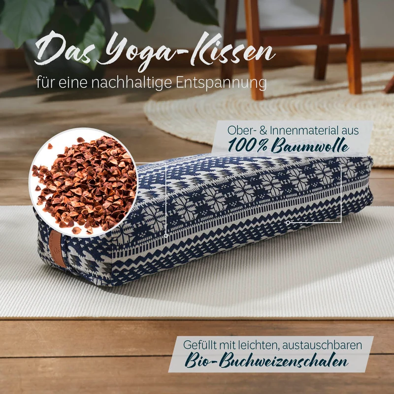 #DoYourYoga Yoga-Bolster Paravati - gefüllt mit Bio-Buchweizenschalen - 67 x 22 x 13 cm - Style 1 (Blau-Weiß)