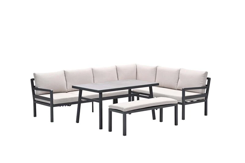 Corsica lounge-diningset - 4-delig - rechts - carbon black - desert sand - grijs slate look glas
