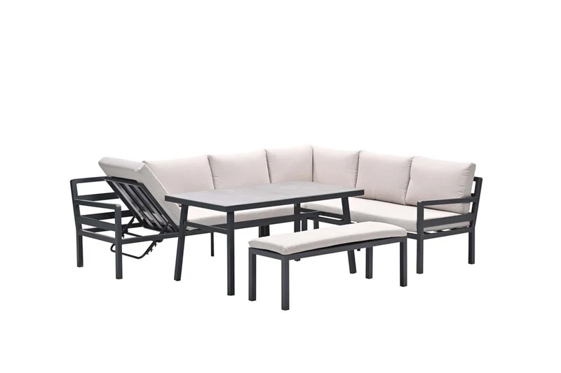 Corsica lounge-diningset - 4-delig - rechts - carbon black - desert sand - grijs slate look glas
