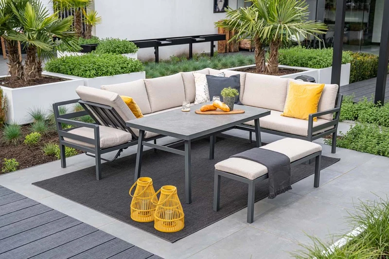 Corsica lounge-diningset - 4-delig - rechts - carbon black - desert sand - grijs slate look glas
