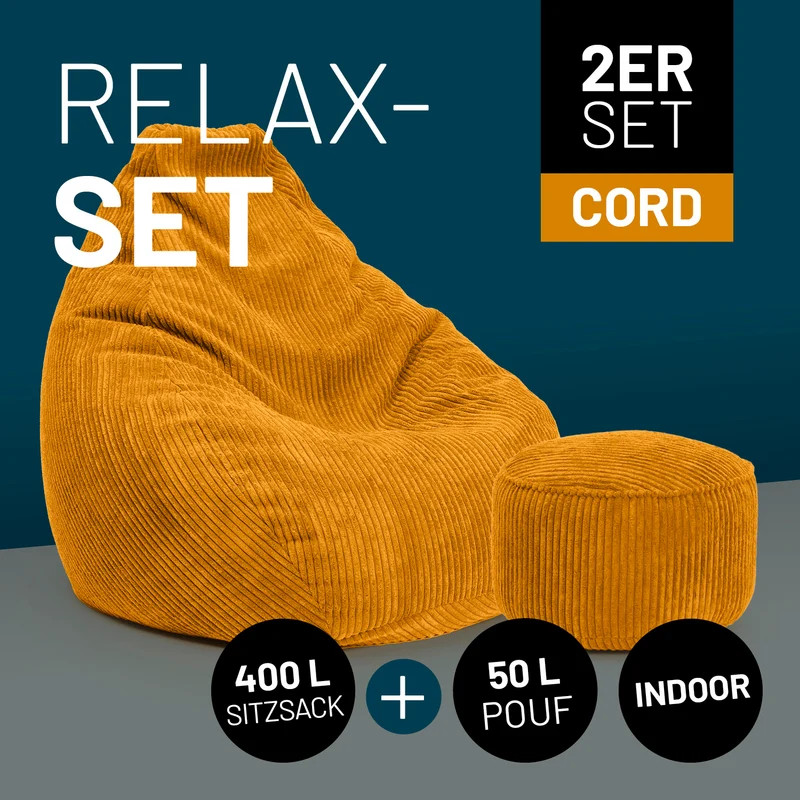 Relax Set Cord – Sitzsack GIANT + Pouf - Senfgelb