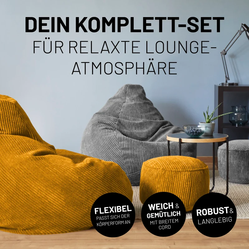 Relax Set Cord – Sitzsack GIANT + Pouf - Senfgelb
