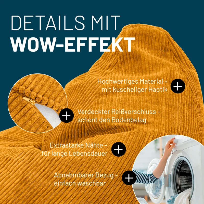 Relax Set Cord – Sitzsack GIANT + Pouf - Senfgelb